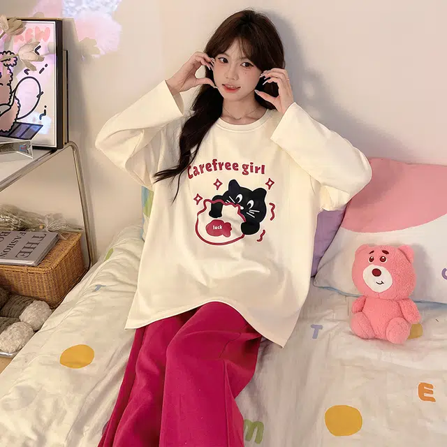 草本初色 长裤长袖带胸垫甜美休闲可外穿家居服睡衣套装 女款 组合装