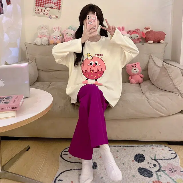 草本初色 长裤长袖带胸垫甜美休闲家居服可外穿睡衣套装 女款 组合装