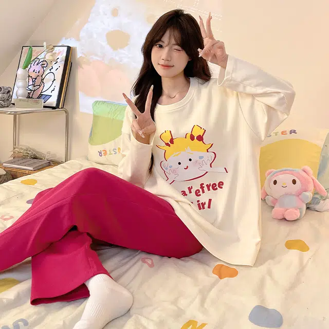 草本初色 长裤长袖带胸垫甜美休闲可外穿家居服睡衣套装 女款 组合装