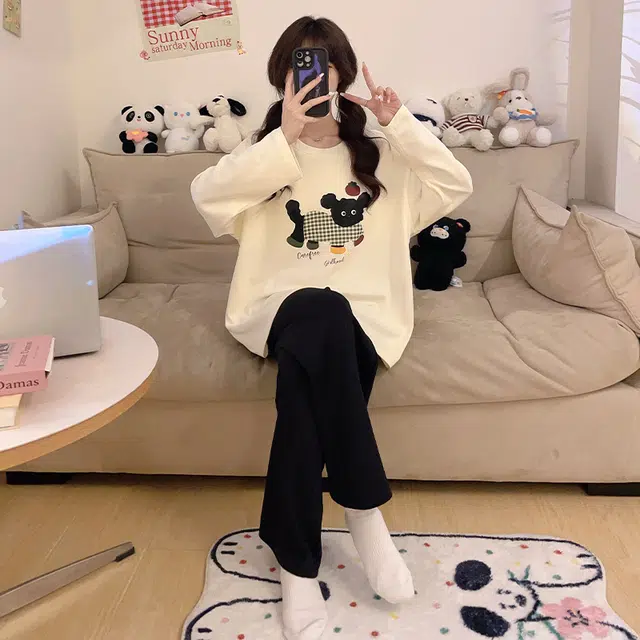 草本初色 长裤长袖带胸垫甜美休闲家居服可外穿睡衣套装 女款 组合装
