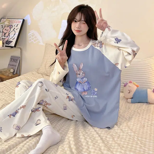 草本初色 长裤长袖带胸垫甜美休闲家居服可外穿睡衣套装 女款 组合装