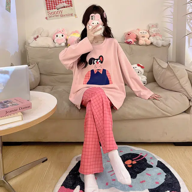 草本初色 长裤长袖带胸垫甜美休闲可外穿家居服睡衣套装 女款 组合装