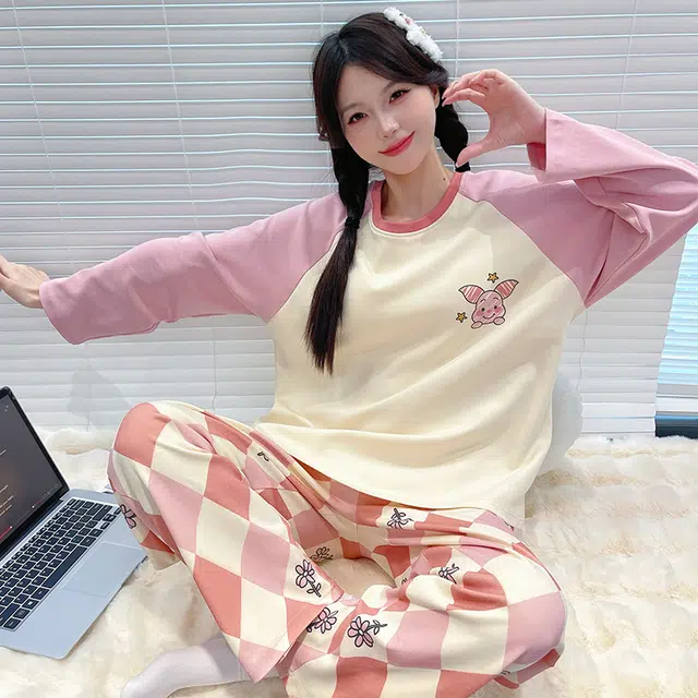 草本初色 卡通图案套头带胸垫长袖长裤甜美宽松休闲可外穿家居服睡衣套装 女款 组合装