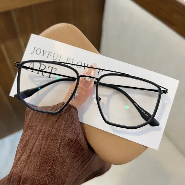 【可配度数】 小罗弟 时尚双梁大框镂空 合金+板材 不规则形 光学眼镜 男女同款情侣款 黑色