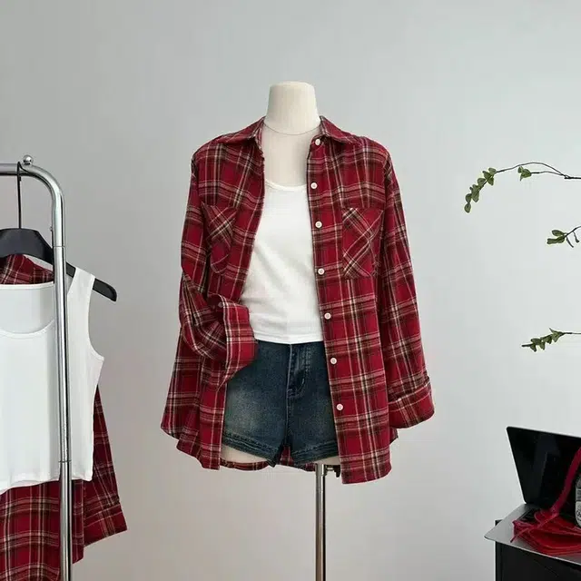 兰缪 经典复古纯棉格子长袖开衫上衣女春秋休闲百搭时尚宽松显瘦衬衫 女款