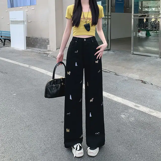 兰缪 小狗刺绣阔腿宽松拖地裤时尚休闲趣味图案高腰显瘦直筒牛仔裤 女款