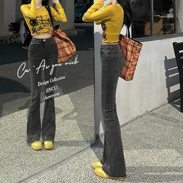 兰缪 高腰微喇叭弹力修身百搭显瘦拖地裤子潮流牛仔裤 女款