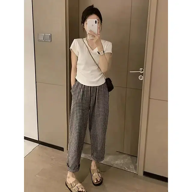 兰缪 薄款格子通勤哈伦休闲裤 女款