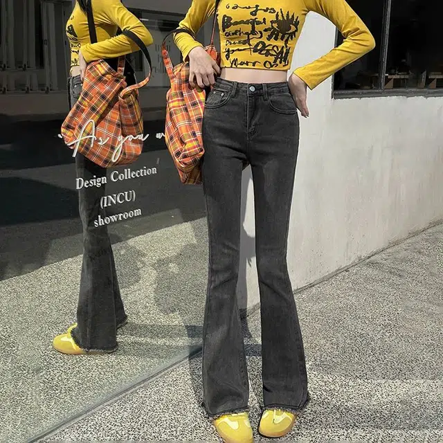 兰缪 高腰微喇叭弹力修身百搭显瘦拖地裤子潮流牛仔裤 女款