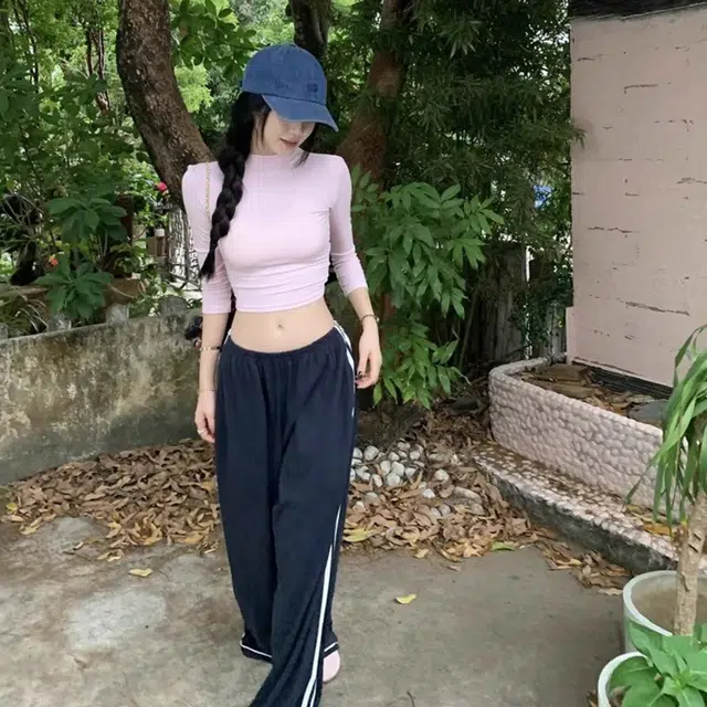 兰缪 条纹运动阔腿裤设计感宽松慵懒风休闲裤 女款