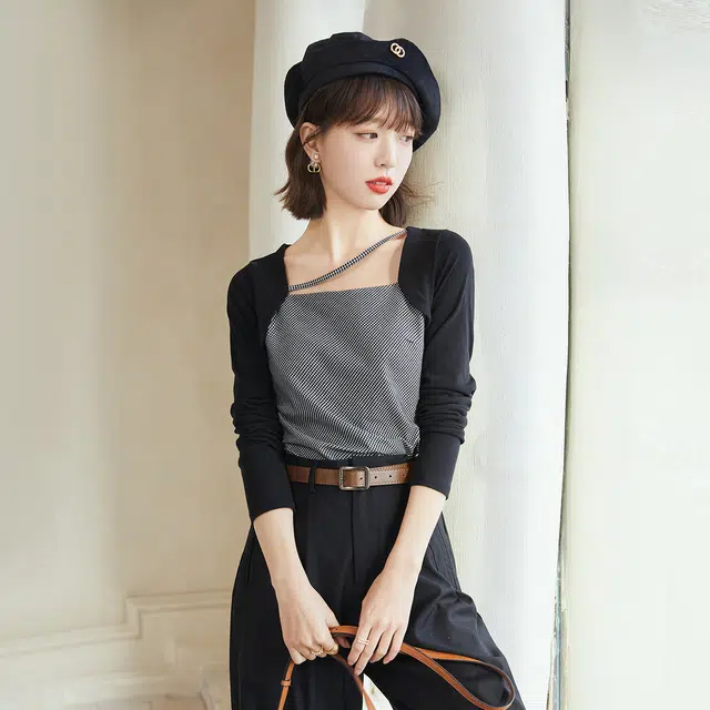 兰缪 时尚设计感甜酷辣妹内搭短款长袖方领上衣小众修身百搭针织衫 女款