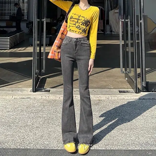 兰缪 高腰微喇叭弹力修身百搭显瘦拖地裤子潮流牛仔裤 女款