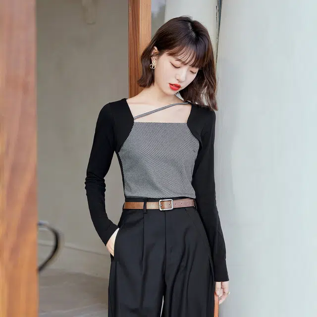 兰缪 时尚设计感甜酷辣妹内搭短款长袖方领上衣小众修身百搭针织衫 女款