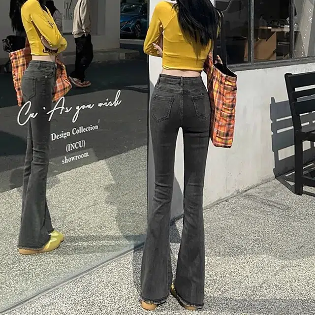 兰缪 高腰微喇叭弹力修身百搭显瘦拖地裤子潮流牛仔裤 女款