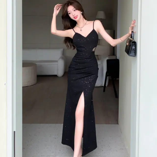 纤丝鸟 法式优雅亮片丝绒晚礼服气质露腰性感御姐开叉吊带连衣裙 女款