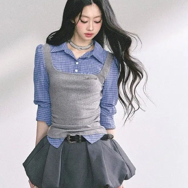 纤丝鸟 年假两件拼接格子衬衫辣妹花苞裙两件套女裙装套装 女款