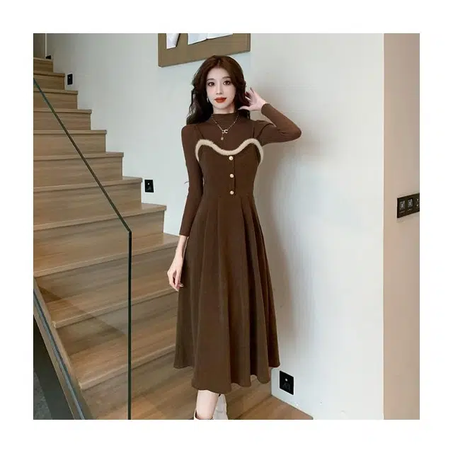纤丝鸟 简约修身高腰款式设计法式复古风格气质时尚长袖连衣裙 女款