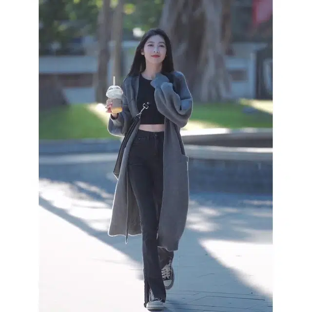 纤丝鸟 简约风格中长款宽松显瘦设计休闲时尚百搭针织衫 女款