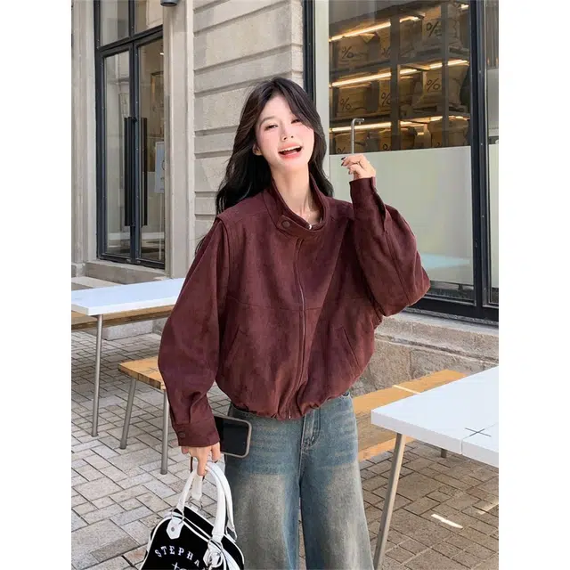 纤丝鸟 韩版休闲复古红女短款小个子夹克流行截短外套 女款