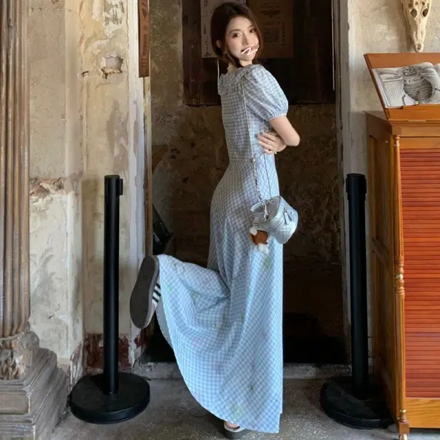 纤丝鸟 法式清新甜美风格纹别致收腰泡泡仙女碎花短袖连衣裙 女款