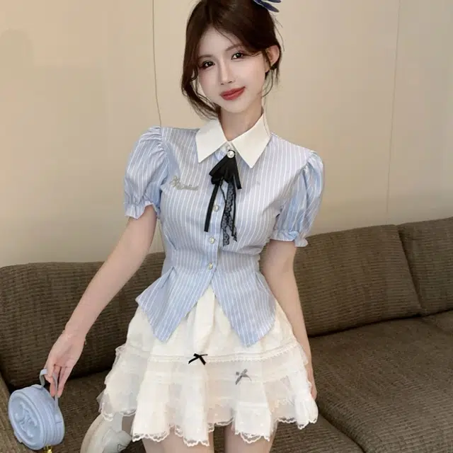 纤丝鸟 韩系甜美减龄小清新翻领衬衣高腰设计感蓬蓬裙裙装套装 女款