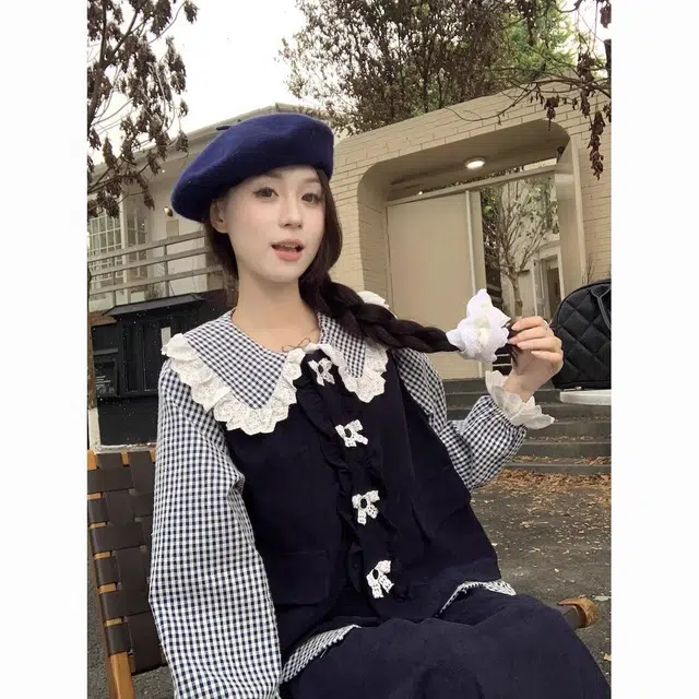 纤丝鸟 日系甜美娃娃领格子衬衫木耳边马甲半身裙时尚女裙装套装 女款