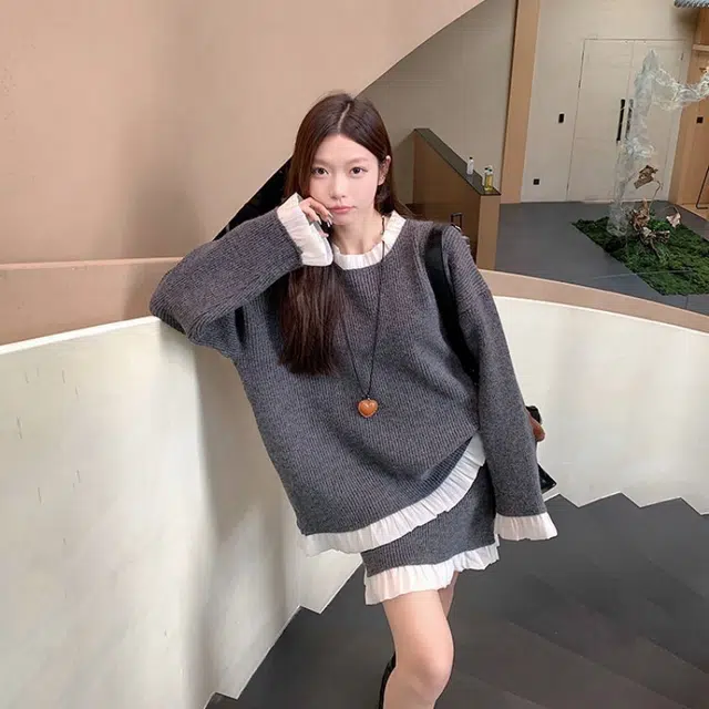 纤丝鸟 小香风气质套装设计感小众拼接半裙两件套针织衫 女款