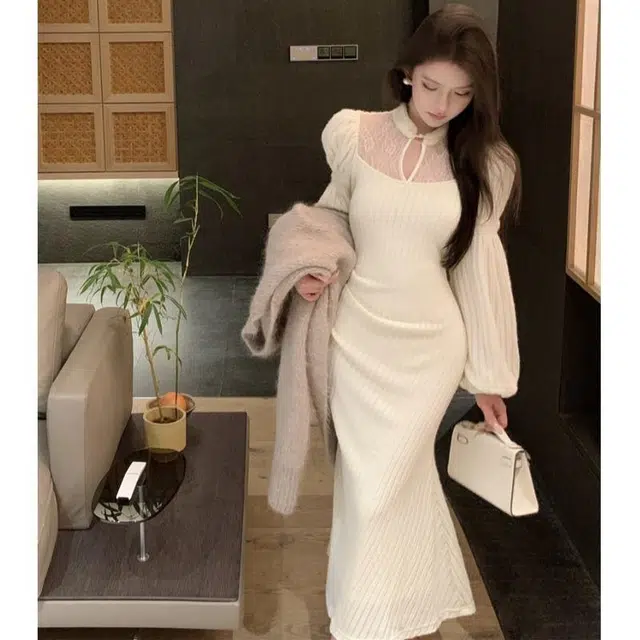 纤丝鸟 气质名媛御姐改良旗袍设计修身包臀复古风格长袖连衣裙 女款