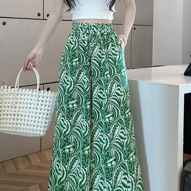 纤丝鸟 时尚百搭潮流高腰显瘦阔腿垂感印花宽松休闲裤 女款