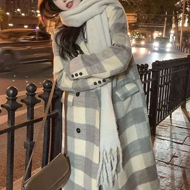 纤丝鸟 韩系海盐芝士格子外套女温柔风格纹高级感长款大衣 女款
