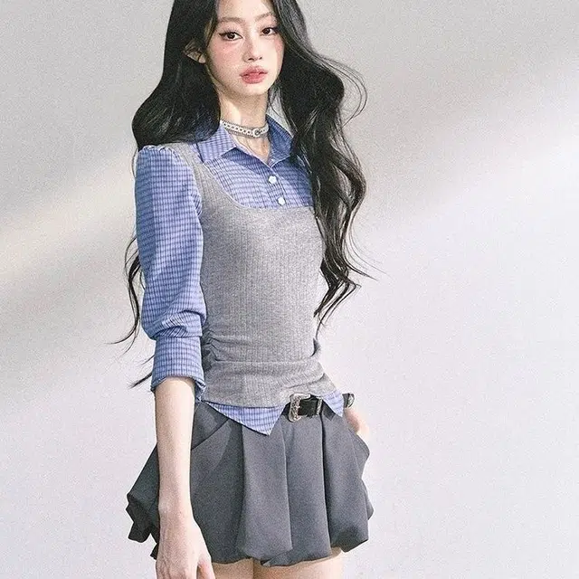纤丝鸟 年假两件拼接格子衬衫辣妹花苞裙两件套女裙装套装 女款