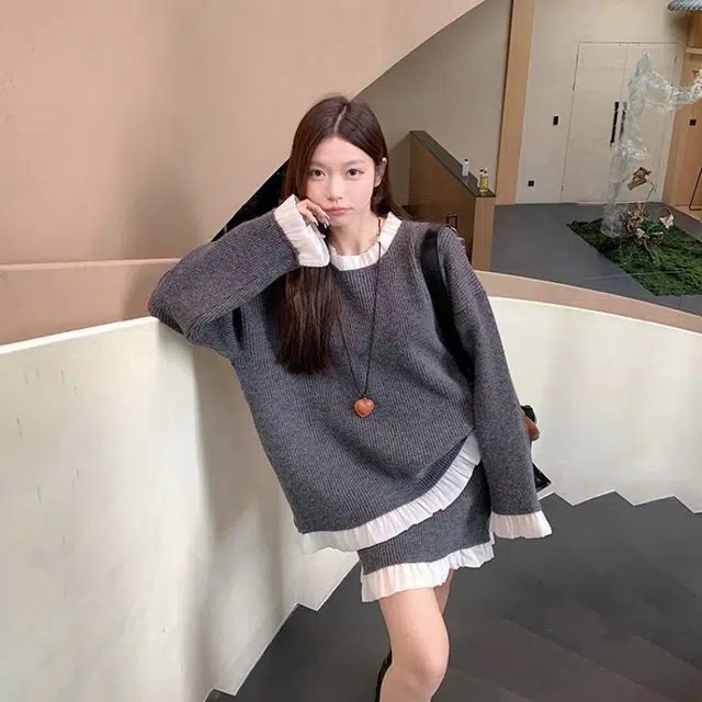 纤丝鸟 小香风气质套装设计感小众拼接半裙两件套针织衫 女款