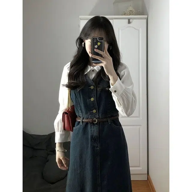 纤丝鸟 法式小香风牛仔裙复古气质显瘦背带套装长袖连衣裙 女款