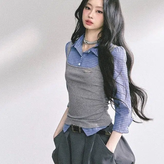 纤丝鸟 年假两件拼接格子衬衫辣妹花苞裙两件套女裙装套装 女款