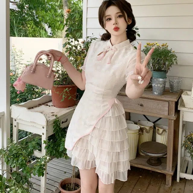 纤丝鸟 春夏 新中式甜美拼接轻盈收腰显瘦蝴蝶结网纱短袖连衣裙 女款 图色