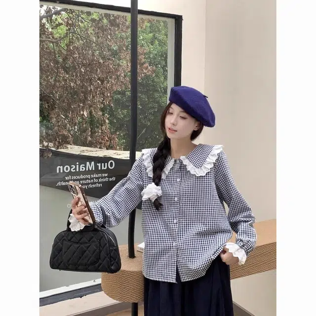 纤丝鸟 日系甜美娃娃领格子衬衫木耳边马甲半身裙时尚女裙装套装 女款