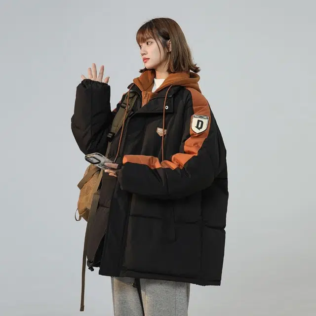 纤丝鸟 假两件服女宽松中长款连帽衣外套美式小众面包服棉服 女款