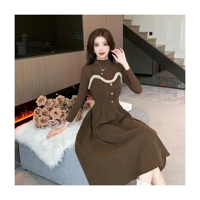 纤丝鸟 简约修身高腰款式设计法式复古风格气质时尚长袖连衣裙 女款