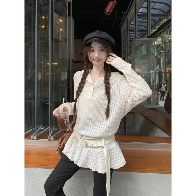 纤丝鸟 韩系镂空蕾丝荷叶边长袖小众设计舒适百搭针织衫 女款