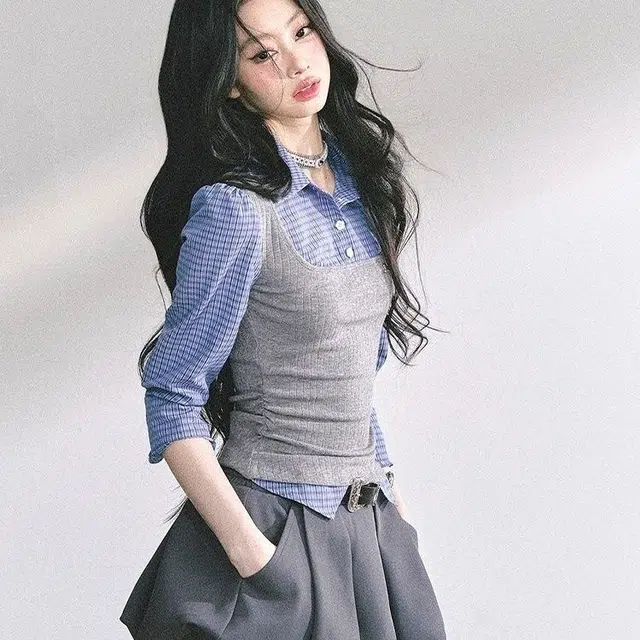 纤丝鸟 年假两件拼接格子衬衫辣妹花苞裙两件套女裙装套装 女款