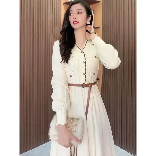 纤丝鸟 针织裙打底内搭法式赫本风气质收腰裙子长袖连衣裙 女款