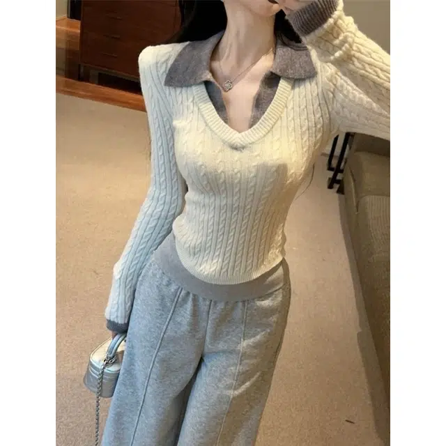 纤丝鸟 优雅时尚修身显瘦韩版显气质百搭复古设计感针织衫 女款