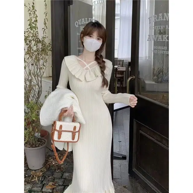 纤丝鸟 法式温柔风荷叶领收腰修身包臀长裙长袖连衣裙 女款