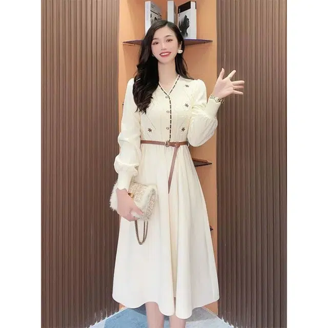 纤丝鸟 针织裙打底内搭法式赫本风气质收腰裙子长袖连衣裙 女款