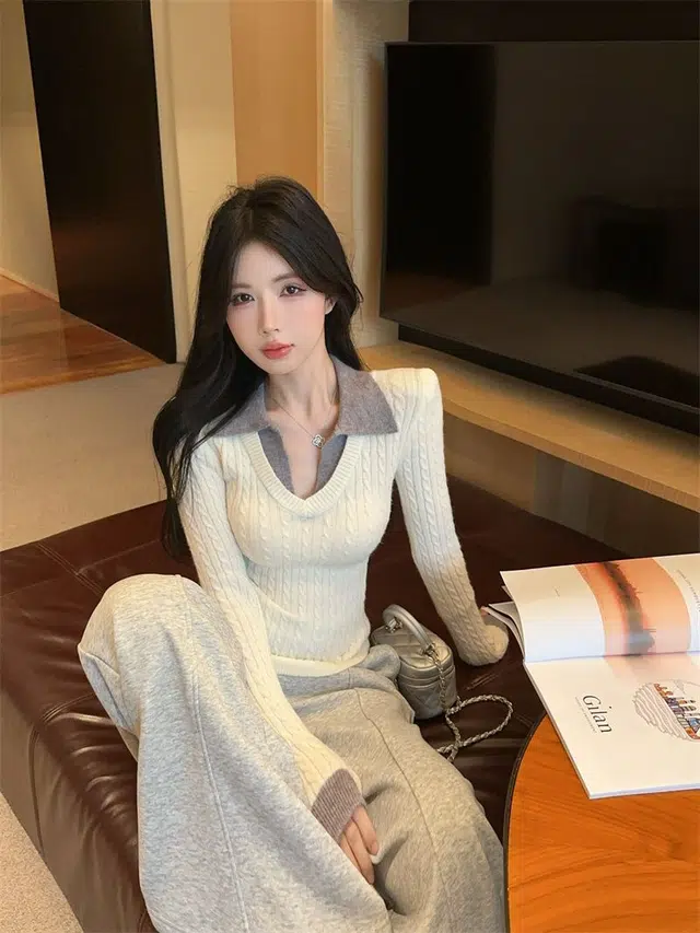 纤丝鸟 优雅时尚修身显瘦韩版显气质百搭复古设计感针织衫 女款