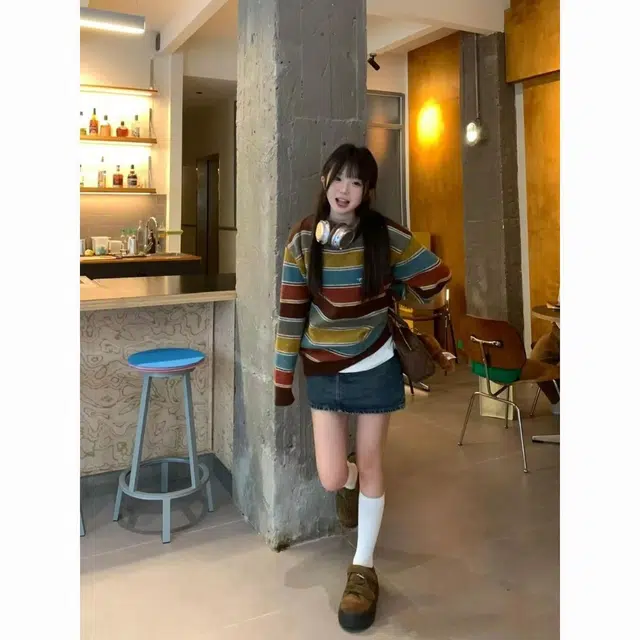 纤丝鸟 学院风彩虹条纹外套女慵懒风宽松软糯可爱打底针织衫 女款