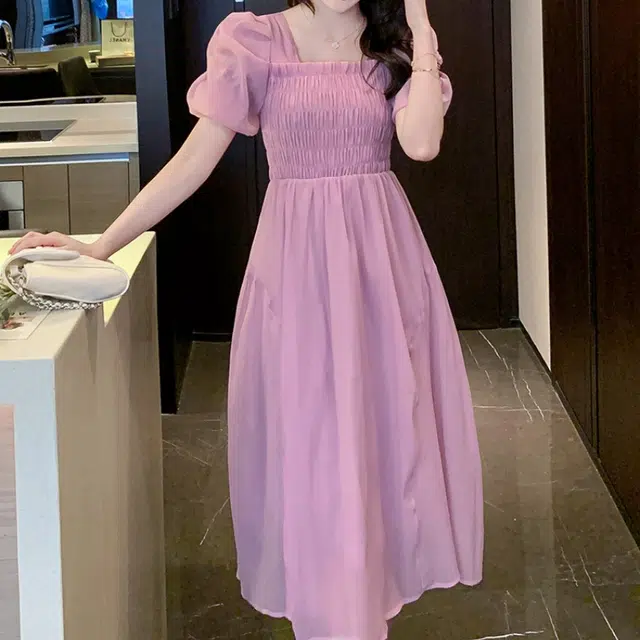 纤丝鸟 夏 温柔风名媛法式时尚简约舒适显瘦气质女神短袖连衣裙 女款