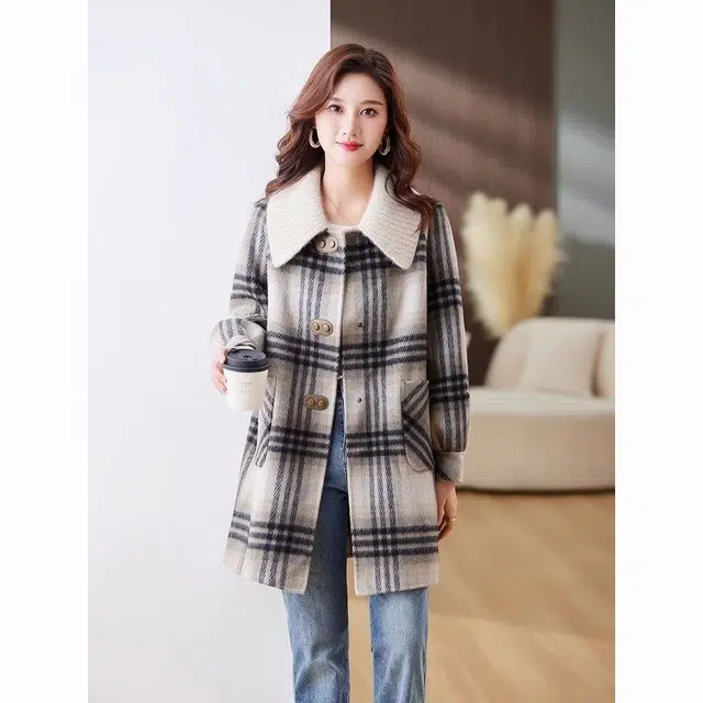 纤丝鸟 时尚休闲百搭复古大衣女格子宽松中长款外套上衣棉服 女款