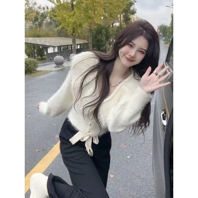 纤丝鸟 温柔风海军领开衫女软糯气质修身短款上衣针织衫 女款