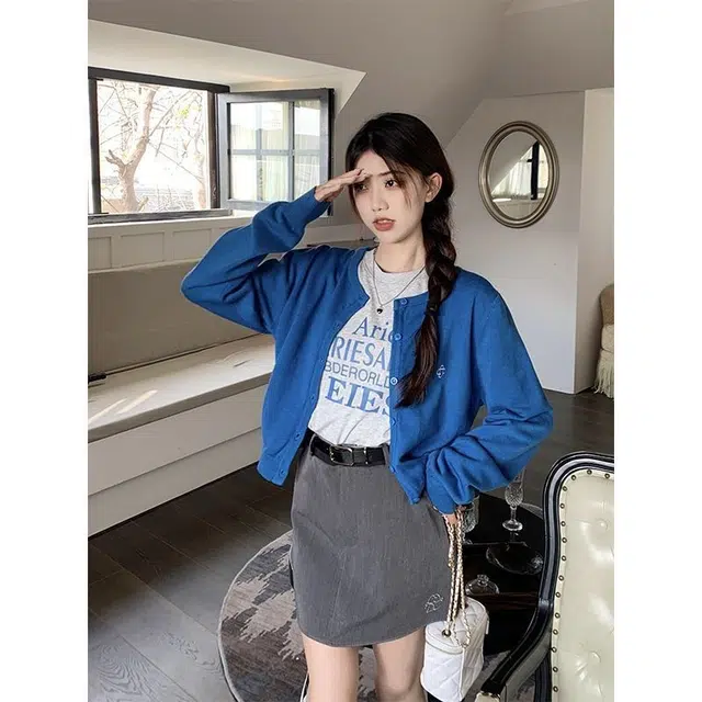 纤丝鸟 甜美小香风韩系短款设计感修身显瘦长袖百搭针织衫 女款